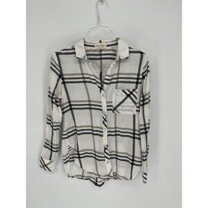 Cloth & Stone Womens Button Up Shirt Small Gray White  Tan Plaid *Small Stain*